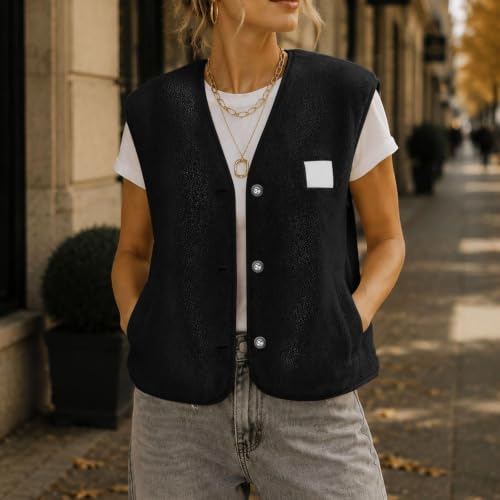 Womens Sherpa Fleece Vest V Neck Button Front Pockets Casual Fall Layering - image 2