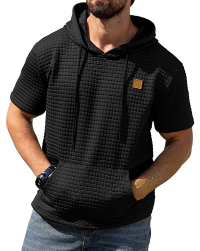 Aiyino Men's Hoodies Pullover Casual Short Sleeve Drawstring Waffle Knit Hooded Sweatshirt with Kanga Pocket