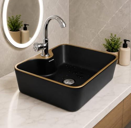 Image of Elegant White Ceramic Table Top Wash Basin, Modern Countertop Vanity Sink for Bathroom, Hotel & Home Interior Spaces, 19 x 14 x 5 Inch