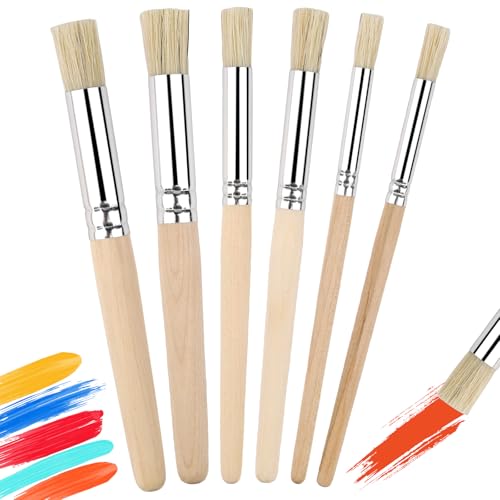 6Pcs Light Brown Natural Wood Stencil Brushes, 3 Sizes Multi-Size Wooden Stencil Brush Set for Acrylic Oil Watercolor Painting, DIY Crafts Card Making & Wall Art Projects