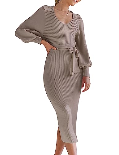 Chriselda Damen 2023 Winter Strick Midi Pulloverkleid Langarm V-Ausschnitt Gerippter Schlitz Bodycon Pullover Kleid mit Gürtel, Khaki, Mittel