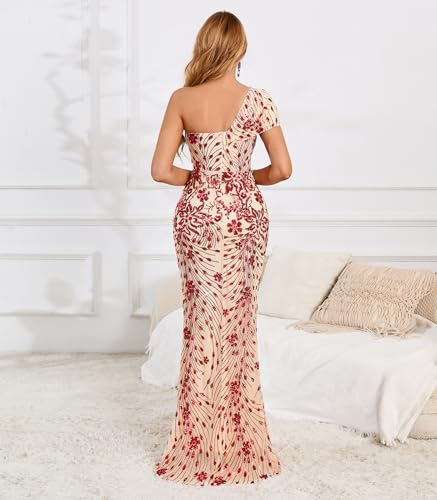 Image of Cololura Women Sexy Sequin One Shoulder Mermaid Formal Party Cocktail Gowns Bodycon Evening Maxi Dress