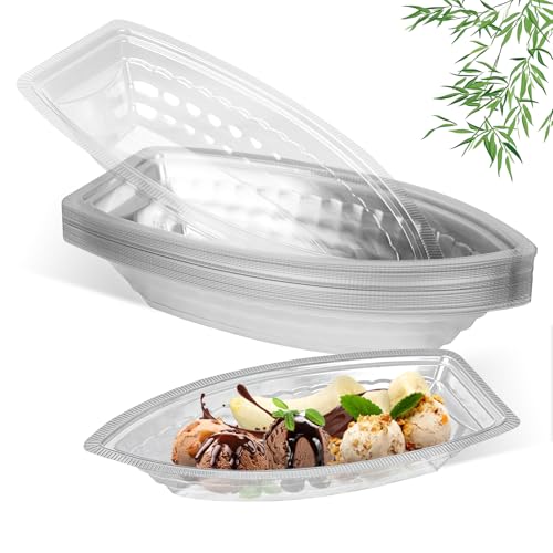 piopiocoing 50 Pack Disposable Plastic Banana Split Boats Plastic Ice Cream Sundae Bowls and Clear Disposable Boat Shaped Dessert Plates for Party Fruit and Wedding