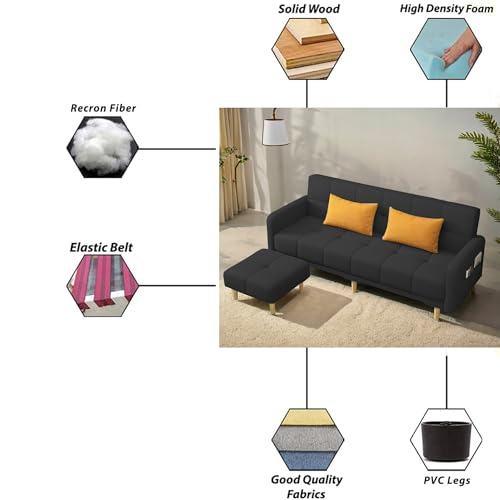 Image of Casaliving Melfoy 3 Seater Sofa Cum Bed for Living Room with Ottomon (Black Fabric) Premium Fabric Sofa
