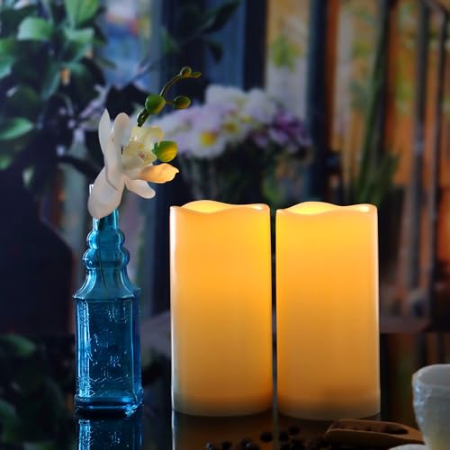 Image of CANDLE CHOICE Waterproof Outdoor Battery Operated Flameless Candles with Remote Timer Plastic Flickering Fake Electric LED Pillars for Lantern Garden Wedding Christmas Decorations 3x5 Inches 2 PCS