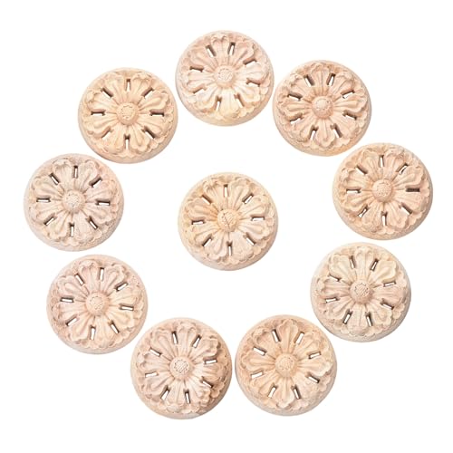 10PCS Unfinished Wood Onlay Round Appliques Decoration (Dia-6cm/2.36'), Unpainted Round Carving Craft Decals for Home Chests Cabinet Cupboard Dresser Bed Wall Wardrobe Furniture