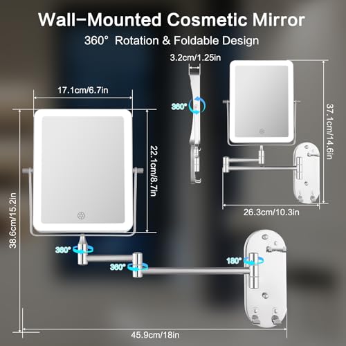 ANNWA Kosmetikspiegel mit Beleuchtung,1X/7X Wiederaufladbar Schminkspiegel,Wandmontage,Dimmbar Vergrößerungsspiegel mit 3 Lichtfarben,Stufenlos ausziehbar,360°Drehbar für Badezimmer und Hotel(NHZJ2323