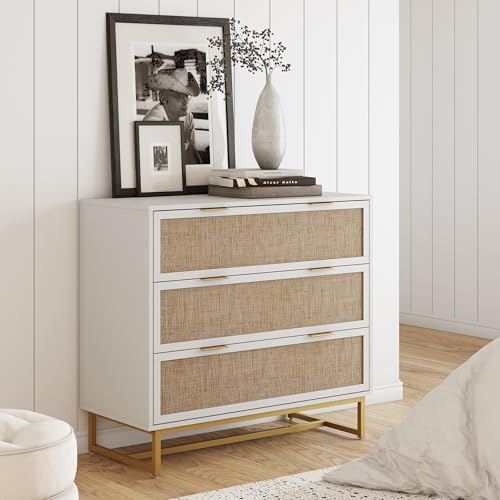 Image of Nathan James Kova Boho Dresser or Storage Cabinet with Drawers for Bedroom or Nursery with Textilene Rattan Accent and Metal Legs, White