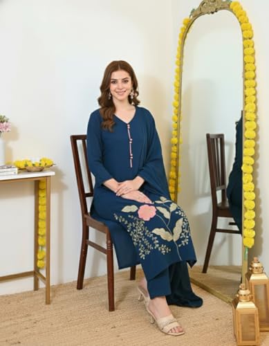 Image of ANNI Designer Women's Viscose Blend Embroidered Straight Kurta with Pant & Dupatta | Ethnic Kurta Set for Women | 3 /4 Sleeve Festive Traditional Dress | Office, Party & Daily Outfits Suit Set