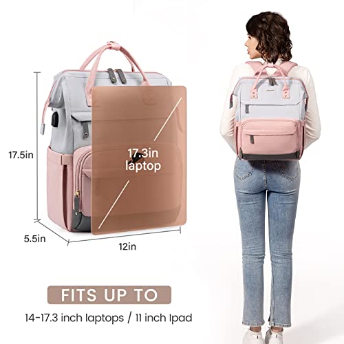 Lovevook Laptop Backpack For Women, 17 Inch Work Business Backpacks Purse With Usb Port, Large Capacity Educators Doctor Nurse Bag Backbag, Waterproof Casual Daypack For Travel,Grey-Pink #TOP6