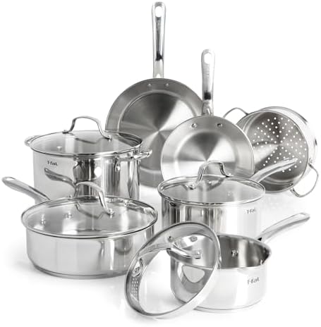 T-fal Stainless Steel Pots and Pans Set 11 Piece, Induction, Oven Broiler Safe 500F, Kitchen Cooking Set w/Fry Pans, Saucepans, Saute Pan, Dutch Oven, Steamer, Cookware, Dishwasher Safe, Silver