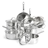 T-fal Stainless Steel Cookware Set 11 Piece, Induction, Oven Broiler Safe 500F, Kitchen Cooking Set w/Fry Pans, Saucepans, Saute Pan, Dutch Oven, Steamer, Pots and Pans, Dishwasher Safe, Silver