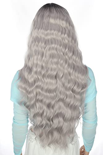 PORSMEER Long Ash Grey Blonde Wavy Curly Wigs for Women Middle Part Natural Looking Synthetic Heat Resistant Hair Ombre Wigs with Dark Roots for Ladies UK Daily or Halloween Party 30 inch - Image 4