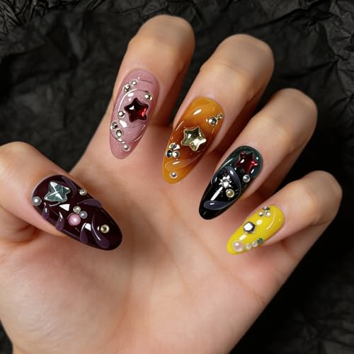 Handmade Press on Nails - Luxury Star & Rhinestone Design Medium Almond Thicked Fake Nails Muti-Layer Gel Handmade Acrylic Nails with 3D Charms Full Cover Stick on Nail for Women 10Pcs（S) — view 4