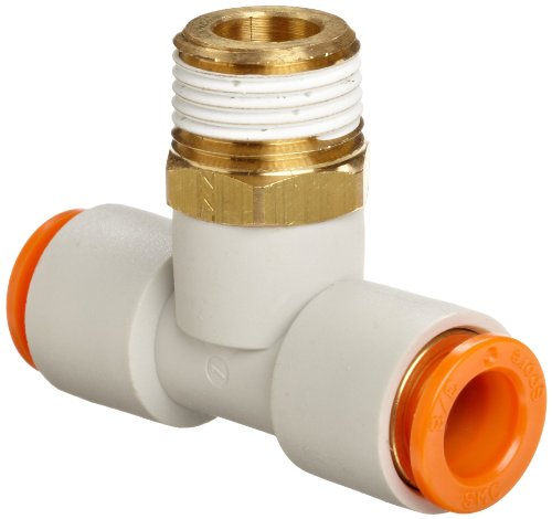 SMC KQ2T07-35AS PBT and Brass Push-to-Connect Tube Fitting with Sealant, Branch Tee, 1/4" Tube OD x 1/4" NPT Male (Pack of 10)