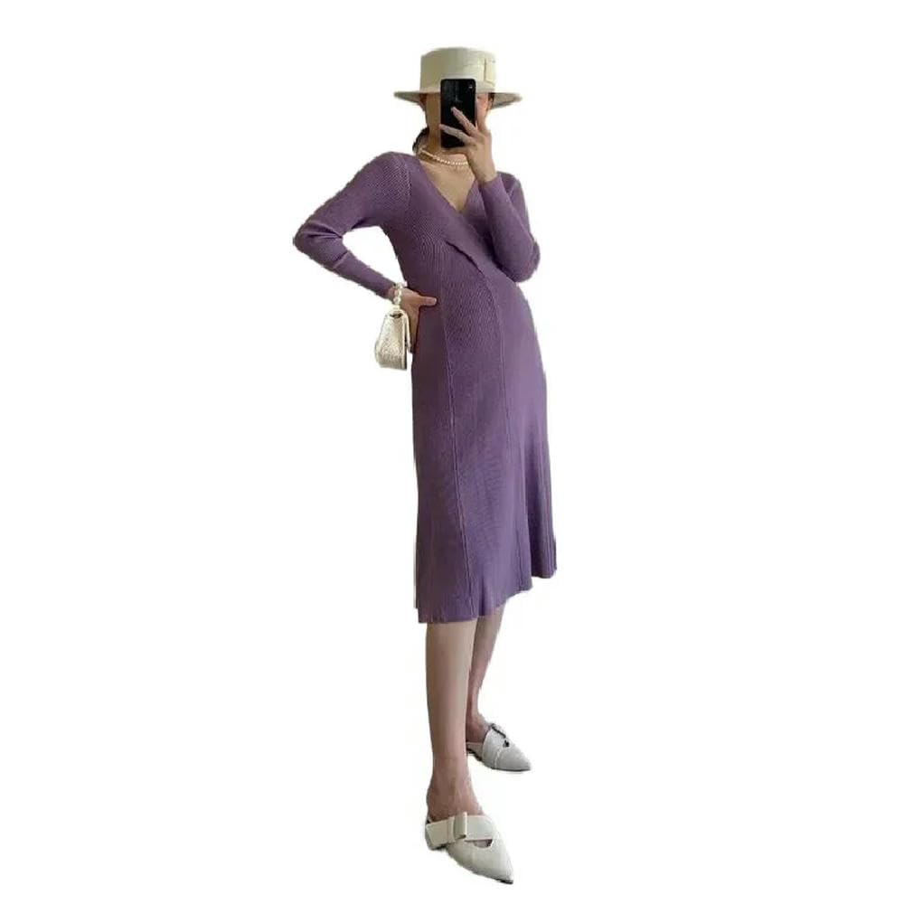 GLDFW damska sukienka ciążowa prążkowana dzianina elastyczna bodycon sukienki ciążowe dekolt w serek z długim rękawem ubrania ciążowe sesja zdjęciowa