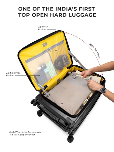 Image of EUME Aerotop Checkin Trolley Bag Medium | Space Saving Top Open Suitcase | Expandable Hardshell Polycarbonate Luggage | TSA Lock, Anti Theft Zipper, Super Silent Wheels | 78L Charcoal Black