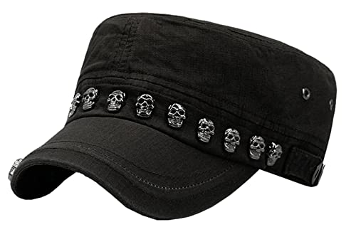 Gorra unisex de cráneo/esqueleto tachonado punk-ejército-gorra plana fresca gorra básica de estilo militar diario, Negro, M Cover