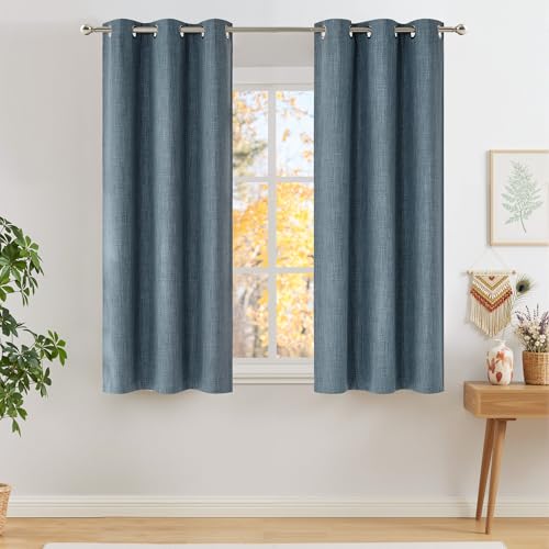 Image of NICETOWN Short Faux Linen Mist Blue Blackout Curtains 63 inches Long for Kitchen - Privacy Panels for Living Room Bedroom, Modern Farmhouse Style Easy Care Grommet Top, 2 Panels, W42 by L63