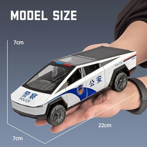 Image of 1:24 Scale Die-Cast CyberTruck Police Model, Free Wheel with 6 Openable Doors, Steerable Tyres, Working Horn & Lights, Police Vehicle Toy for Kids and Collectors (White)