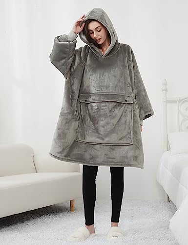 Image of KFUBUO Wearable Blanket Hoodie for Adults With Pocket Grey | Sherpa, Fuzzy Blanket Hoodie, Oversized Sweatshirt Blanket, Kangaroo Pouch, Gifts for Mom, Cute Stuff
