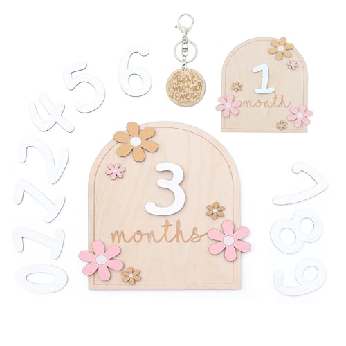 MSLSOZ Conjunto de cartões mensais para bebé, acessórios de madeira para fotos com design floral, cartões de dupla face com suporte, chaveiro e decalques, presente de lembrança de fotografia de bebé