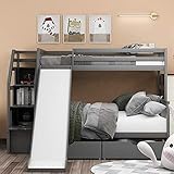 Harper & Bright Designs Bunk Bed Twin Over Full Size, Bunk Bed with Slide ,Drawers and Storage,Wood...