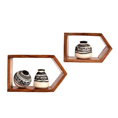Image of AAKRITI ART CREATIONS Wooden Wall Decor Set with 2 Shelves & 3 Warli White Pots | Wooden Wall Hanging Shelves with Terracotta Vases | Matte Finish Decorative Wall Art for Living Room & Gifting
