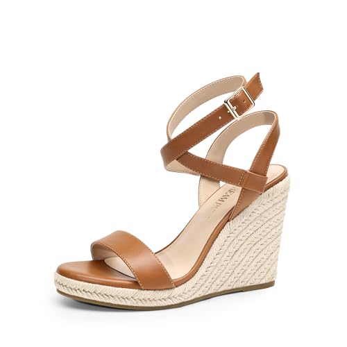 DREAM PAIRS Womens Open Toe Espadrilles Dressy Platform Sandals Buckle Ankle Strap Stylish Wedges Sandals 7 Brown-pu