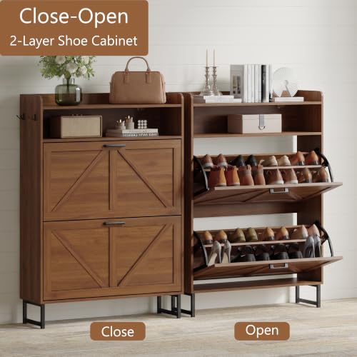 Image of Shoe Cabinet with 2 Flip Drawers, Freestanding Hidden Shoe Storage Organizer for Entryway, Narrow Slim Shoe Rack Cabinet with Open Storage & Hooks for Front Door Entrance, Living Room, Hallway, Walnut
