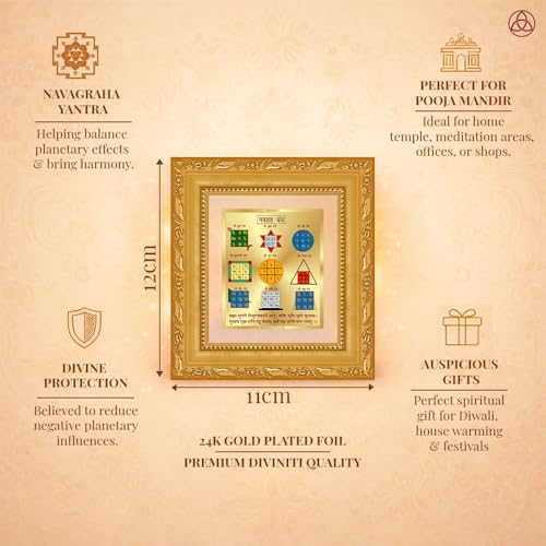 Image of DIVINITI Siddh Energised Navagraha Yantra | 24k Gold Plated Foil Planetary Harmony Vastu Frame for Home, Office & Puja Room | Spiritual Yantra for Planetary Balance, Peace & Prosperity (12 X 11 CM)