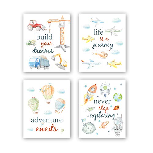Chditb Cartoon Car Art Print,Inspirational Phrases Quotes Art Print, Construction Vehicle Airplane Canvas Poster ,Set Of 4（8" X10" ） Outer Space Painting，Balloon Artworks For Boys Room Playroom Decor #TOP18