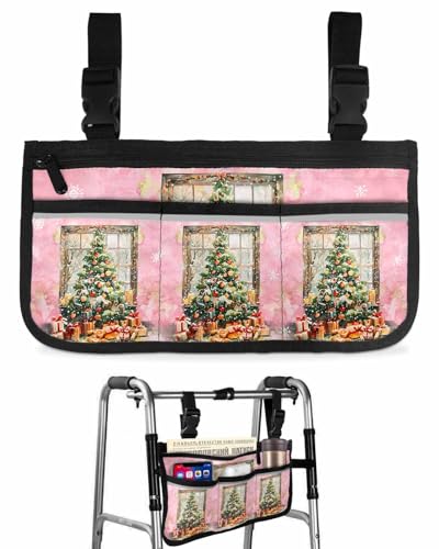 Christmas Wheelchair Side Storage Bag Pink Xmas Tree Ball Fruits Snowflake Armrest Pouch with Cup Holder and Reflective Strip Wheelchair Accessories Organizer Bags for Walkers Rollator