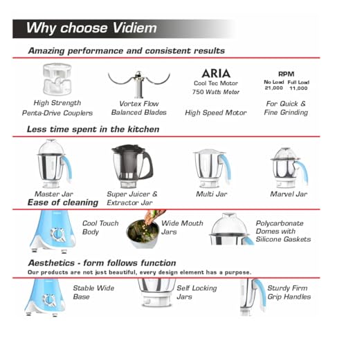Image of Vidiem Super Blu 4 Jar Mixer Grinder 750 watts Free Service Kit included with UL Certified motor-110Volts