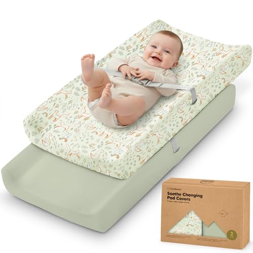 Image of 2-Pack Organic Changing Pad Covers for Girl, Boy, Neutral - 100% Cotton Changing Table Pad Cover, Soft Baby Nursery Diaper Changing Pad Sheets, Contour Changing Pads Liners, Change Pad Cover (Foxtrot)