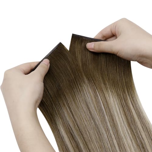 Image of LaaVoo Weft Tape Extensions Ombre Light Brown to Blonde Invisible Tape in Weft Hair Extensions Human Hair 120G Tape in Hair Extensions Balayage Brown Seamless 120G 20inch 4pcs