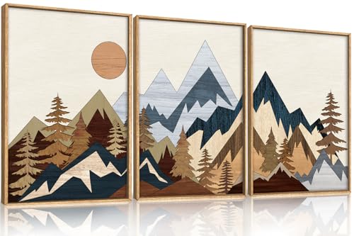 HOURIA Mid Century Woodcut Mountain Woodland Framed Wall Art Set- 16"x24"x3