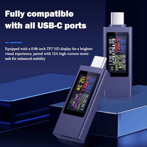 Image of USB C Power Meter Tester, 0-12A /4-30V Multimeter Voltage and Current Tester, Full Interface Compatibility TFT Digital Multimeter Battery Checker