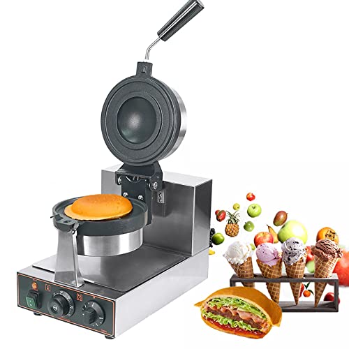 Máquina para Hacer Gofres con Tapa, Máquina para Hacer Gofres De Helado De Acero Inoxidable, Gofrera Giratoria De 180 °, Temperatura De 0-250 ℃ Y Tiempo Ajustable De 0-5 Minutos, para Gofres, Paninis