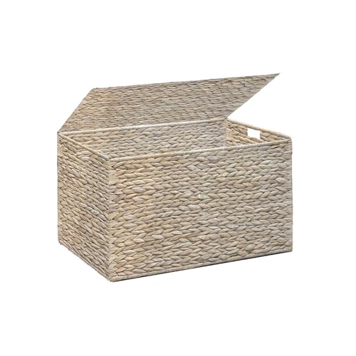 MOORLITER Water Hyacinth Storage Basket with Lid 17.2 Gallon (65L) Wicker Storage Trunk with Handles Handwoven Wicker Storage Bin for Blanket Foldable for Living Room Laundry Room White
