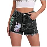 AAZJSS Embroidered Jean Shorts for Women Denim Shorts Casual Summer Mid Waist Stretchy High Waisted