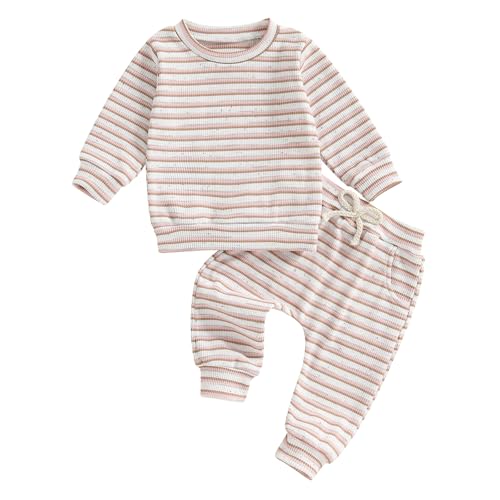 Toddler Baby Girl Boy Clothes Infant Waffled Stripe Long Sleeve Round Neck Sweatshirt Long Pants Set Fall Outfit