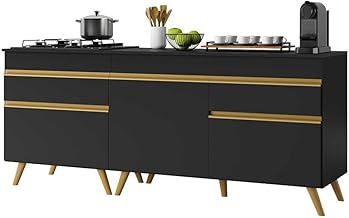 Kit Armário de Cozinha Balcão para Cooktop 70cm e Gabinete Pia 120cm Veneza Multimóveis Mp2160 Preto/dourado