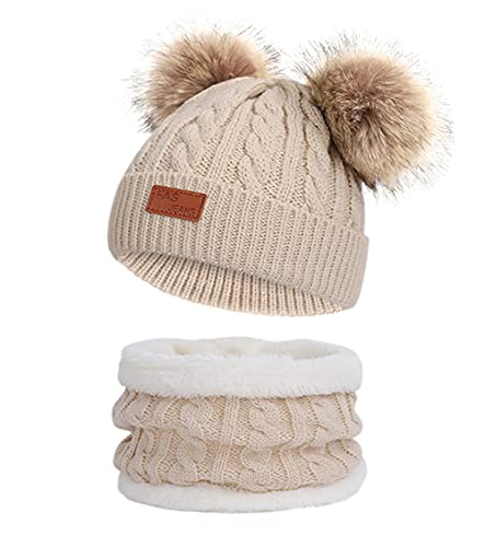 Sunowo Echarpe et Bonnet Fille,Bonnet Bébé Hiver Mignon Pompomecharpe et Bonnet Enfant Fille Hiverecharpe et Bonnet Bebe 0-3 Ans Kaki Taille unique Cover