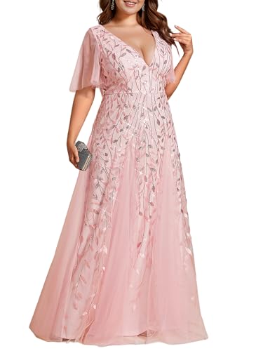 Image of Ever-Pretty Women's Sequin V Neck Plus Size Formal Dresses Evening Gown | Short Sleeve, A-Line, Empire Waist, Plus Size Mother of the Bride Dresses, Plus Size Gala Dress
