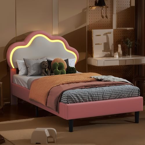 Générique Lit Fille 90x200 cm,Lit Enfant avec LED et Tête de Lits Réglable Cadre en Cuir PU Forme des Nuages,Design Élégant (Matelas Non Inclus)