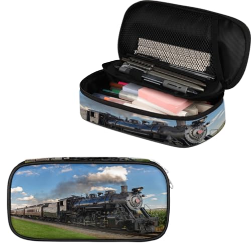 Image of Pardick Retro Train Big Capacity Pencil Case Pencil Pouch with Zipper, Pen Marker Stationery Bag Art Supply Storage Organizer Box Portable Stationery Storage Bag Pen Holder for Boys Girls