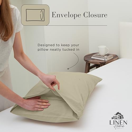 Image of Linen Home Washed Cotton Percale Queen Sheet Set, Silver, Preshrunk, 4 Pieces Sets - 1 Flat, 1 Deep Pocket Fitted Sheet & 2 Envelope Closure Pillowcases, Soft, Cool and Comfortable Bed Linen