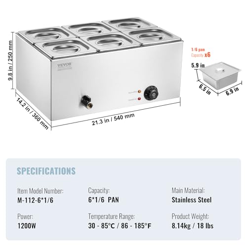 VEVOR kommerzieller Speisenwärmer 13,5 L Speisebehälter 6 x 1/6 Größe, elektrische Warmhalteplatte, 1200 W Profi Buffet-Wasserbad aus Edelstahl, Buffet-Bain-Marie, 30–85 °C Temperaturregelung – Bild 8