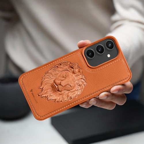 Image of Vaku Luxos Lion Embossed Back Cover Case for Samsung Galaxy S24 FE 5G Premium Leather Stitched Soft Shockproof Protective TPU Phone Case Camera Screen Protector- Brown